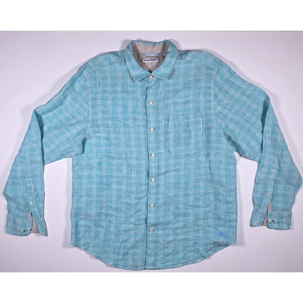 Tommy Bahama Men's XL Aqua Blue‎ Plaid 100% Linen Long Sleeve Button Down Shirt